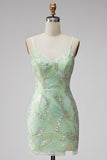 Mint Green Sequins V-Neck Short Bodycon Homecoming Dress with Slit