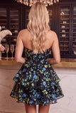 Blue Flower Corset A-Line Rhinestones Tiered Homecoming Dress with Ruffles