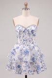 Blue Flower Corset A-Line Rhinestones Tiered Homecoming Dress with Ruffles