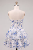 Blue Flower Corset A-Line Rhinestones Tiered Homecoming Dress with Ruffles