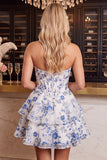 Blue Flower Corset A-Line Rhinestones Tiered Homecoming Dress with Ruffles