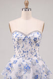 Blue Flower Corset A-Line Rhinestones Tiered Homecoming Dress with Ruffles