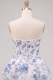 Blue Flower Corset A-Line Rhinestones Tiered Homecoming Dress with Ruffles