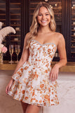 Blue Flower Corset A-Line Rhinestones Tiered Homecoming Dress with Ruffles