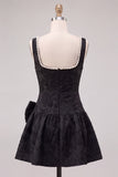 Black A-Line Floral Jacquard Pearl Short Homecoming Dress with Bow
