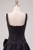 Black A-Line Floral Jacquard Pearl Short Homecoming Dress with Bow