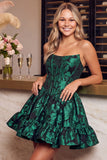 Dark Green Corset Strapless A-Line Floral Embroidery Short Homecoming Dress