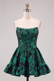 Dark Green Corset Strapless A-Line Floral Embroidery Short Homecoming Dress
