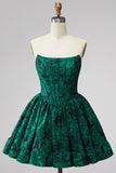 Dark Green Corset Strapless A-Line Floral Embroidery Short Homecoming Dress
