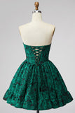 Dark Green Corset Strapless A-Line Floral Embroidery Short Homecoming Dress