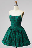 Dark Green Corset Strapless A-Line Floral Embroidery Short Homecoming Dress