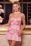 Red Strapless Beaded A-Line Floral Embroidered Homecoming Dress with Neck Scarf