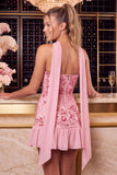 Red Strapless Beaded A-Line Floral Embroidered Homecoming Dress with Neck Scarf