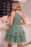 One Shoulder Yellow Tulle A-Line Tiered Mini Homecoming Dress with Ruffles