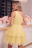 One Shoulder Yellow Tulle A-Line Tiered Mini Homecoming Dress with Ruffles