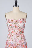 Floral Pink Appliqued Strapless Bodycon Mini Homecoming Dress