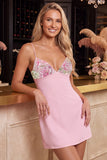 Pink Bodycon Floral Embroidered V-Neck Short Homecoming Dress