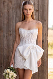 Ivory Corset Bodycon Strapless Lace Pearls Short Bridal Shower Dress with Bow
