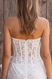 Ivory Corset Bodycon Strapless Lace Pearls Short Bridal Shower Dress with Bow