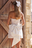 Ivory Lace Strapless A-Line Pearls Short Bridal Shower Dress with Bow