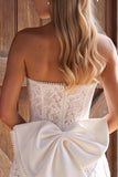 Ivory Lace Strapless A-Line Pearls Short Bridal Shower Dress with Bow