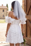 Off the Shoulder Ruffled Short Sleeves Ivory A-Line Lace Bridal Shower Dress