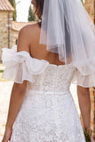 Off the Shoulder Ruffled Short Sleeves Ivory A-Line Lace Bridal Shower Dress