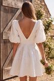 Ivory A-Line V-Neck Jacquard Puff Sleeves Short Bridal Shower Dress