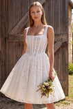 Ivory Corset A-Line Square Neck Lace Short Bridal Shower Dress