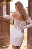 Off the Shoulder Ivory Bodycon Corset Ruched Lace Pearls Short Bridal Shower Dress