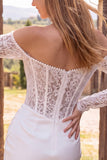 Off the Shoulder Ivory Bodycon Corset Ruched Lace Pearls Short Bridal Shower Dress