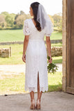 Ivory Lace Sheath V-Neck Short Sleeves Midi Bridal Shower Dress with Back Slit
