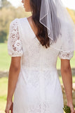 Ivory Lace Sheath V-Neck Short Sleeves Midi Bridal Shower Dress with Back Slit