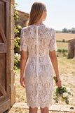 Ivory Sheath Bateau Neck Lace Short Bridal Shower Dress
