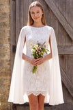 Ivory Bateau Neck Lace Sheath Short Bridal Shower Dress with Cape