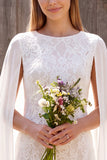 Ivory Bateau Neck Lace Sheath Short Bridal Shower Dress with Cape