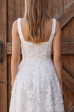 Ivory Floral A-Line Square Neck Appliqued Midi Bridal Shower Dress