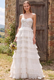 Ivory Tiered Ruffled A-Line Strapless Long Bridal Shower Dress with Lace
