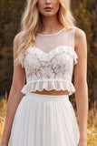 Ivory Two Piece A-Line Illusion Neck Ruffled Long Bridal Shower Dress with Side Slit