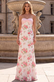 Floral Pink Long Sweetheart Mermaid Formal Dress with Bow