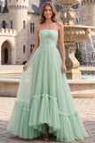 Sage Green A Line Long Sparkly Strapless Prom Dress
