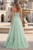 Sage Green A Line Long Sparkly Strapless Prom Dress