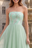 Sage Green A Line Long Sparkly Strapless Prom Dress