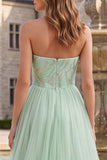 Sage Green A Line Long Sparkly Strapless Prom Dress