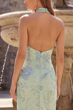 Sparkly Sage Green Long Floral Mermaid Sequin Formal Dress