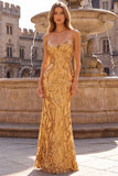 Sparkly Gold Mermaid Spaghetti Straps Sequins Long Prom Dress