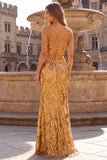 Sparkly Gold Mermaid Spaghetti Straps Sequins Long Prom Dress