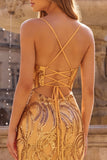 Sparkly Gold Mermaid Spaghetti Straps Sequins Long Prom Dress