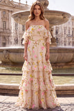 Champagne Ruffled Off the Shoulder Floral A-Line Long Formal Dress