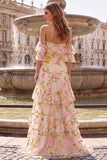 Champagne Ruffled Off the Shoulder Floral A-Line Long Formal Dress
